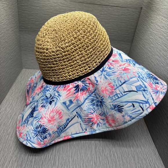 Lilly Pulitzer Straw Wide Brim Sun Hat Tropical Floral Print Pink Blue One Size - Picture 4 of 13